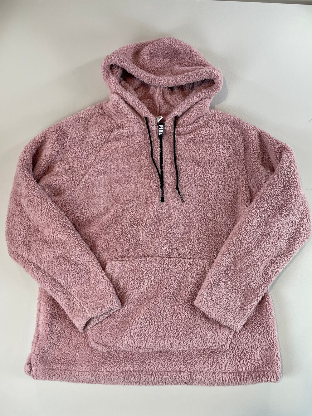 Victoria's Secret PINK Sherpa Hoodie Size M Mauve Teddy Fleece Kangaroo Pocket